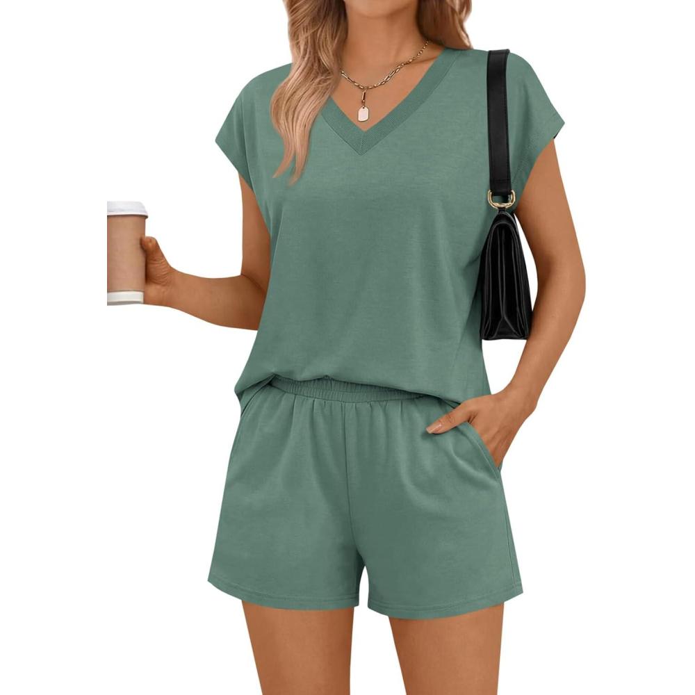 image:imageFisoew 2 Piece Short Sets for Women Lounge Set Casual Outfits V Neck Cap Short Sleeve Tops Matching Workout Airport OutfitsArmy Green