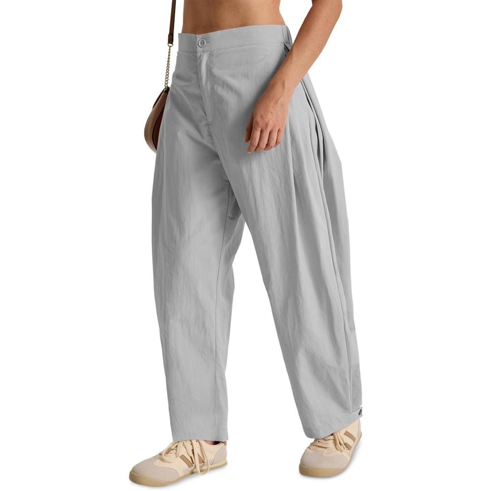 image:imageFisoew Barrel Pants Women Casual Wide Leg Baggy Pants Side Pleated Horseshoe Style Trousers with PocketsGrey