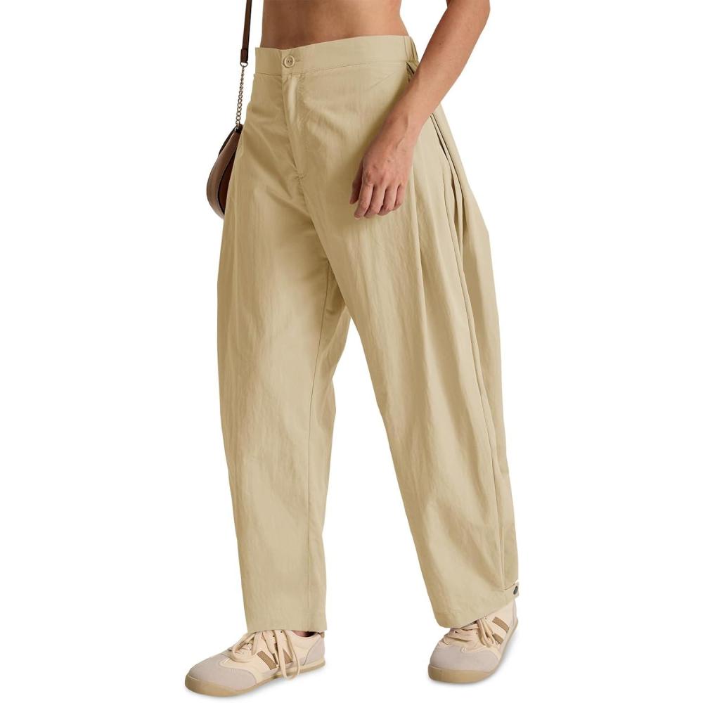 image:imageFisoew Barrel Pants Women Casual Wide Leg Baggy Pants Side Pleated Horseshoe Style Trousers with PocketsKhaki