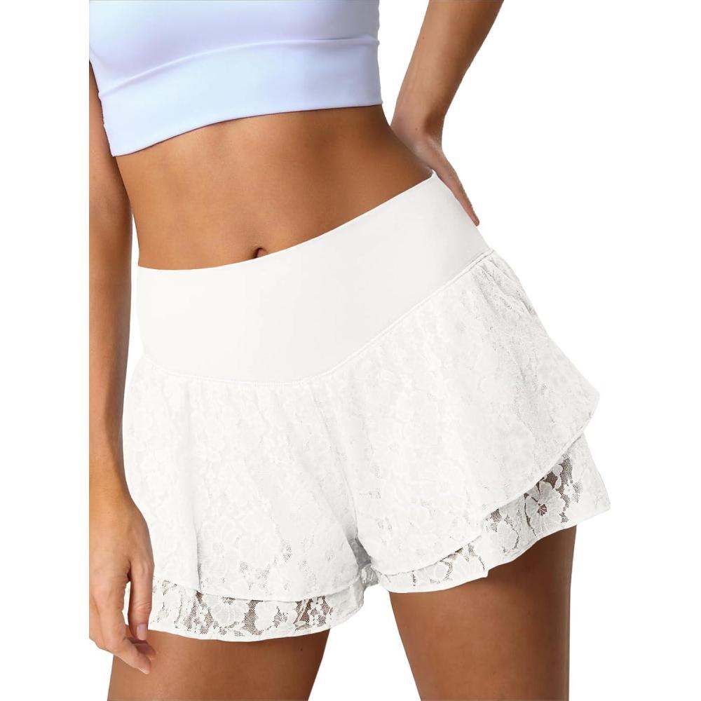 image:imageFisoew Flowy Shorts for Women High Waisted Workout Shorts Lace Athletic Tennis Gym Yoga 2 in 1 Short with PocketsWhite