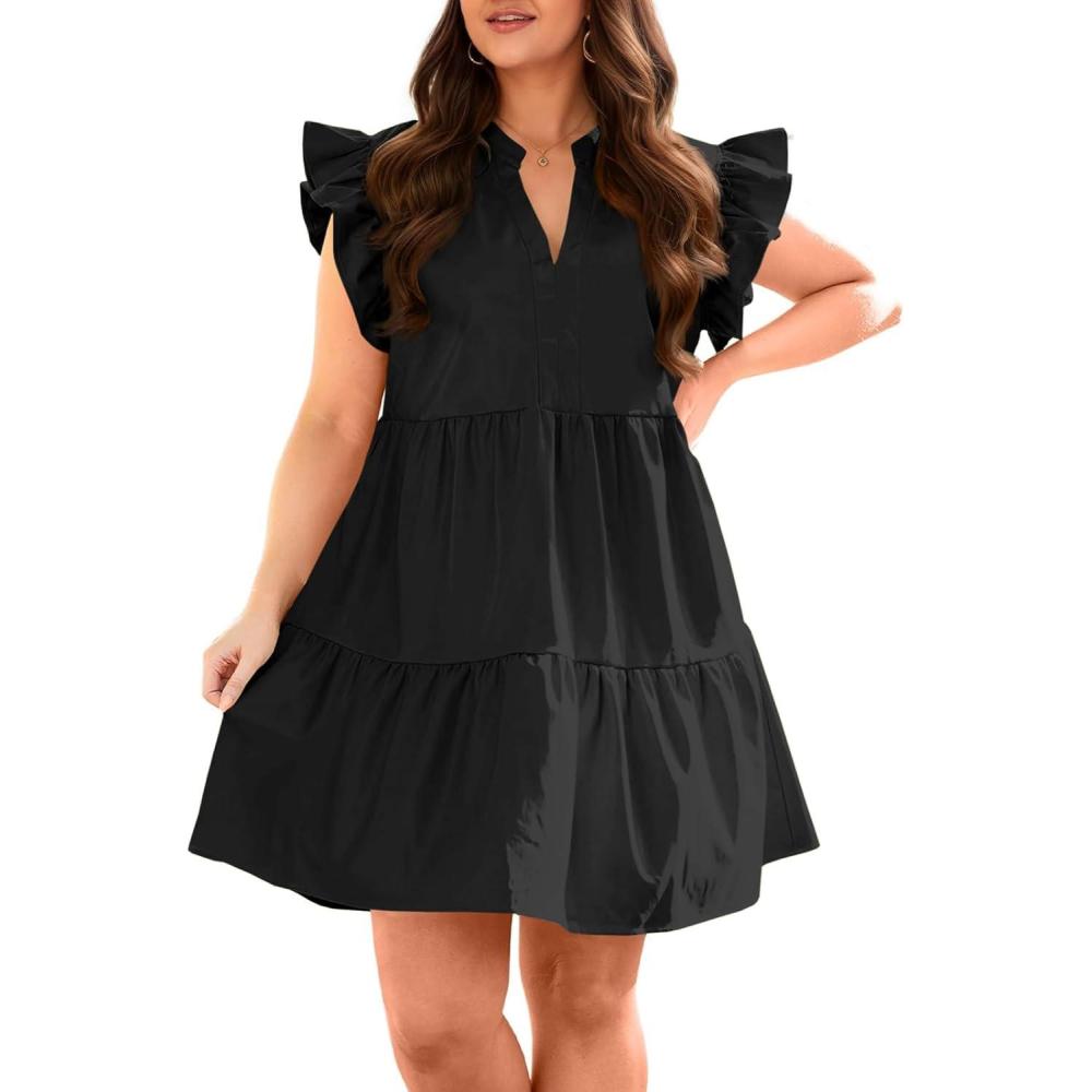 image:imageFisoew Plus Size Dresses for Women Summer Ruffle Short Sleeve V Neck Dress Tiered Swing A Line Babydoll Mini DressBlack