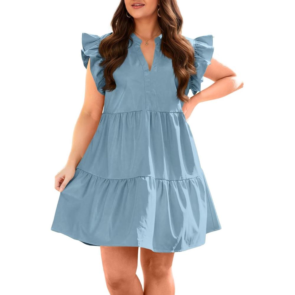 image:imageFisoew Plus Size Dresses for Women Summer Ruffle Short Sleeve V Neck Dress Tiered Swing A Line Babydoll Mini DressBluish Grey
