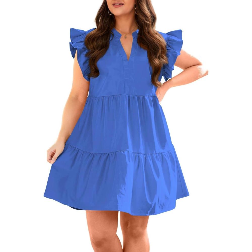 image:imageFisoew Plus Size Dresses for Women Summer Ruffle Short Sleeve V Neck Dress Tiered Swing A Line Babydoll Mini DressKlein Blue