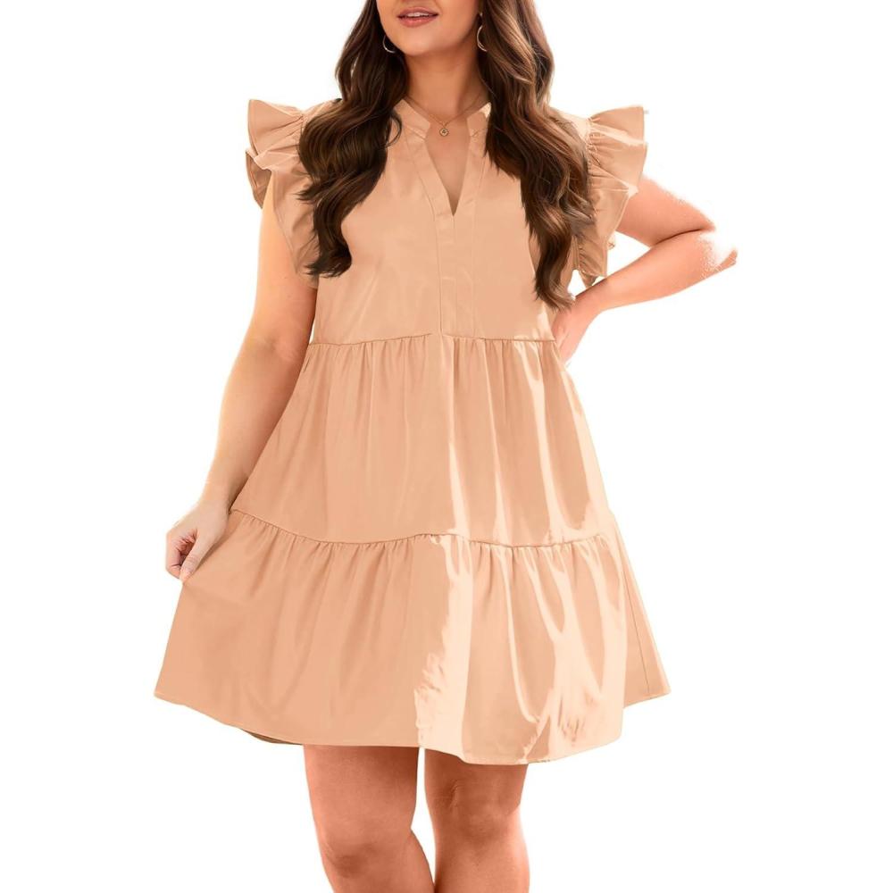 image:imageFisoew Plus Size Dresses for Women Summer Ruffle Short Sleeve V Neck Dress Tiered Swing A Line Babydoll Mini DressLight Yellow