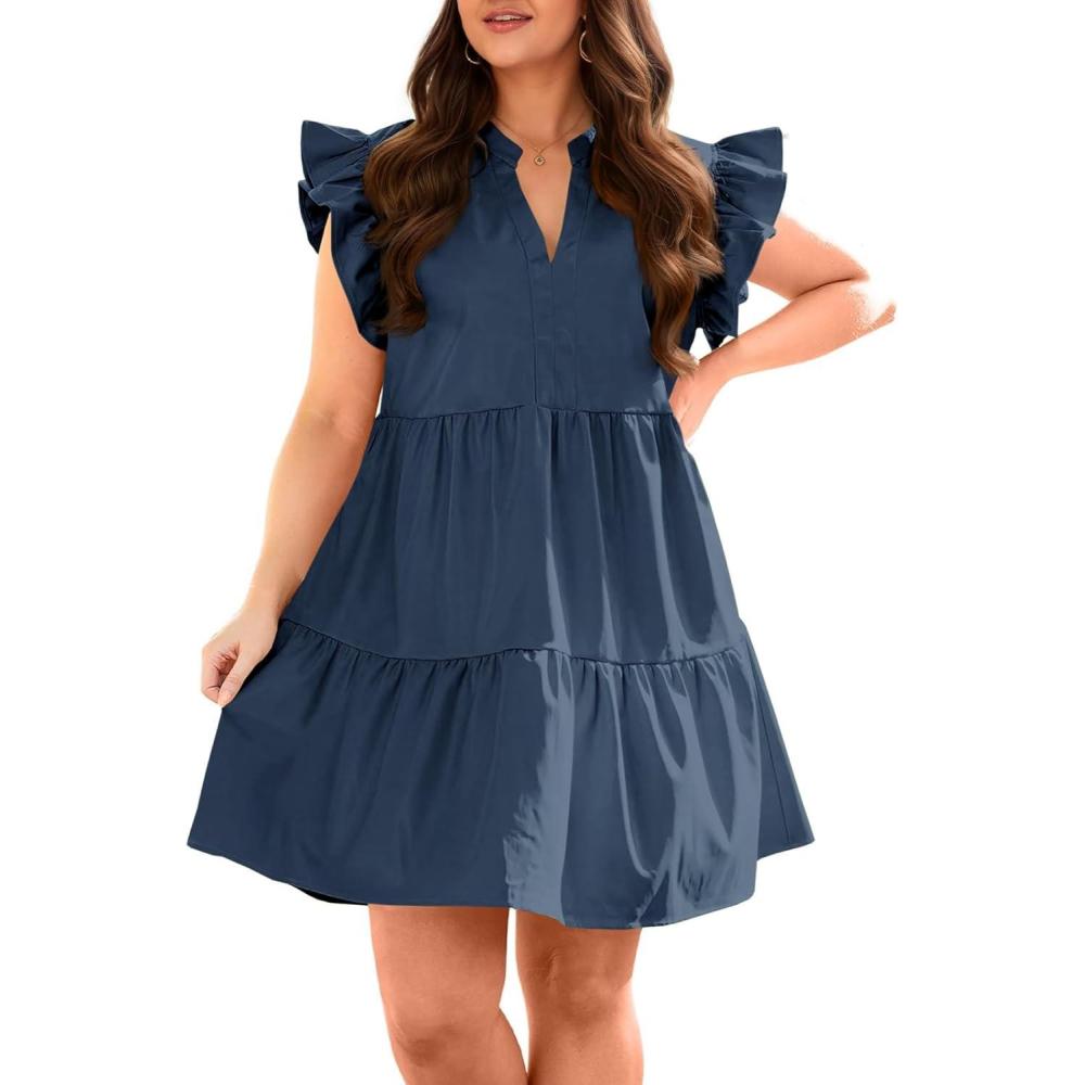 image:imageFisoew Plus Size Dresses for Women Summer Ruffle Short Sleeve V Neck Dress Tiered Swing A Line Babydoll Mini DressNavy Blue