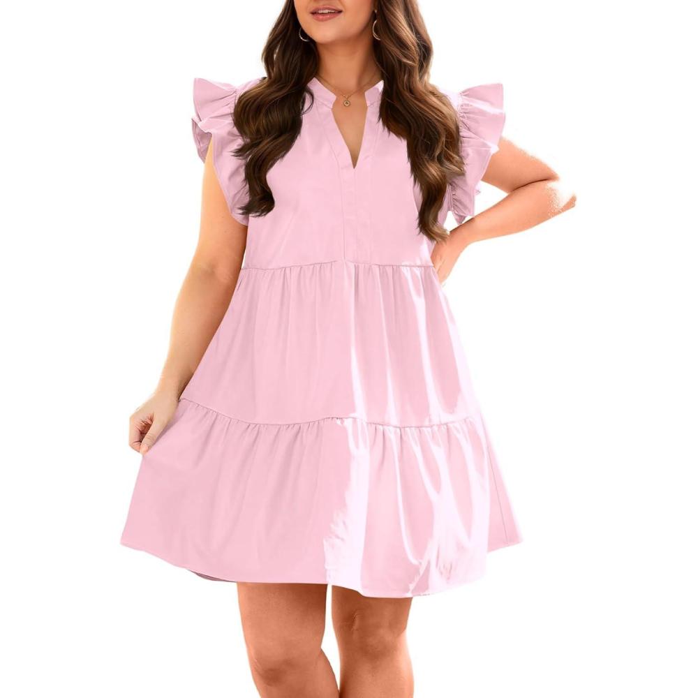 image:imageFisoew Plus Size Dresses for Women Summer Ruffle Short Sleeve V Neck Dress Tiered Swing A Line Babydoll Mini DressPink