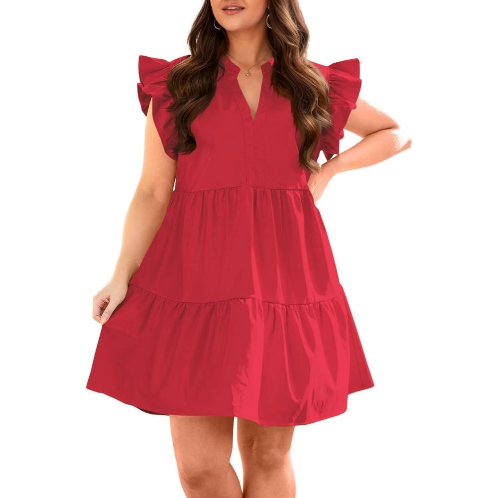 image:imageFisoew Plus Size Dresses for Women Summer Ruffle Short Sleeve V Neck Dress Tiered Swing A Line Babydoll Mini DressRed