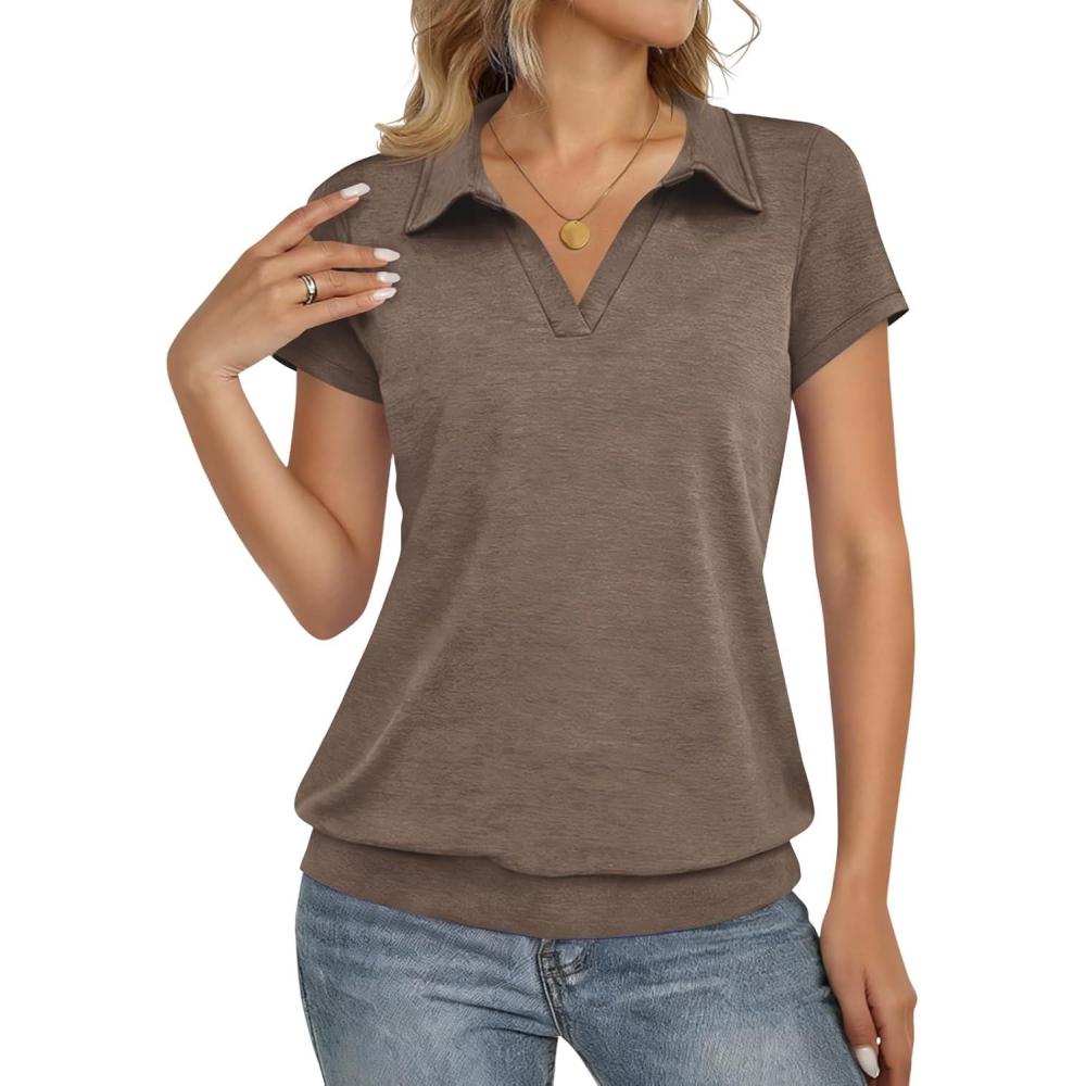 image:imageFisoew Short Sleeve Polo Shirts for Women Tennis Golf Shirt Business Casual Loose Collared V Neck Top BlousesKhaki