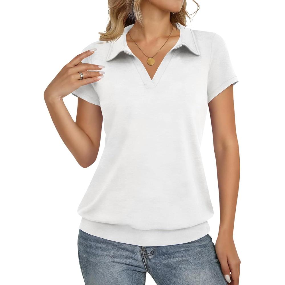 image:imageFisoew Short Sleeve Polo Shirts for Women Tennis Golf Shirt Business Casual Loose Collared V Neck Top BlousesWhite