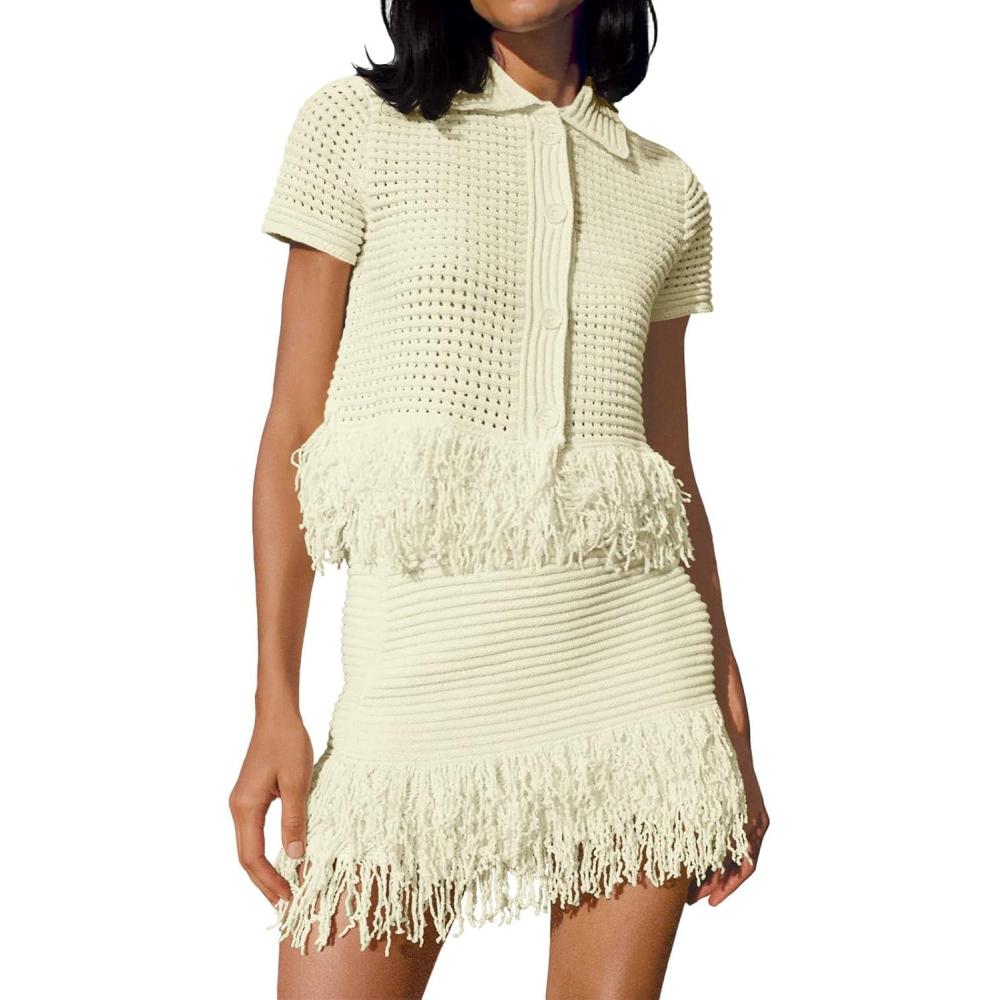 image:imageFisoew Womens 2 Piece Crochet Outfits Short Sleeve Button Knit Sweater Tops Fringe Skirt Summer Vacation Sets Beach Cover UpsBeige