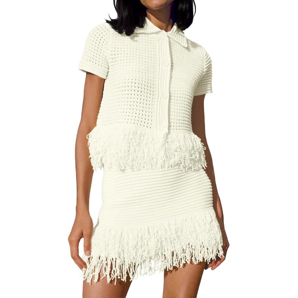 image:imageFisoew Womens 2 Piece Crochet Outfits Short Sleeve Button Knit Sweater Tops Fringe Skirt Summer Vacation Sets Beach Cover UpsWhite