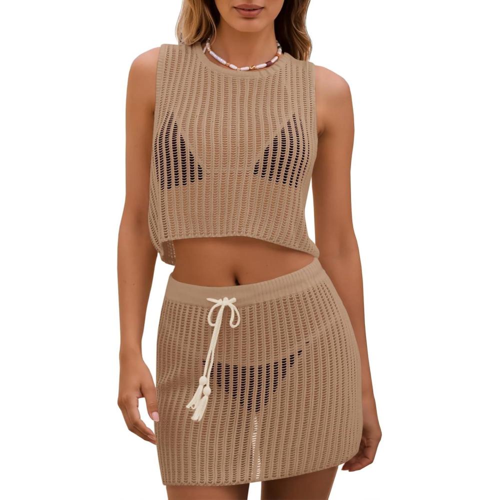 image:imageFisoew Womens 2 Piece Crochet Sets Sleeveless Crop Tops Cover Up Beach Mini Skirt Outfits Vacation SetsKhaki