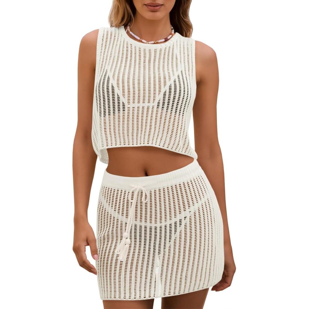 image:imageFisoew Womens 2 Piece Crochet Sets Sleeveless Crop Tops Cover Up Beach Mini Skirt Outfits Vacation SetsWhite