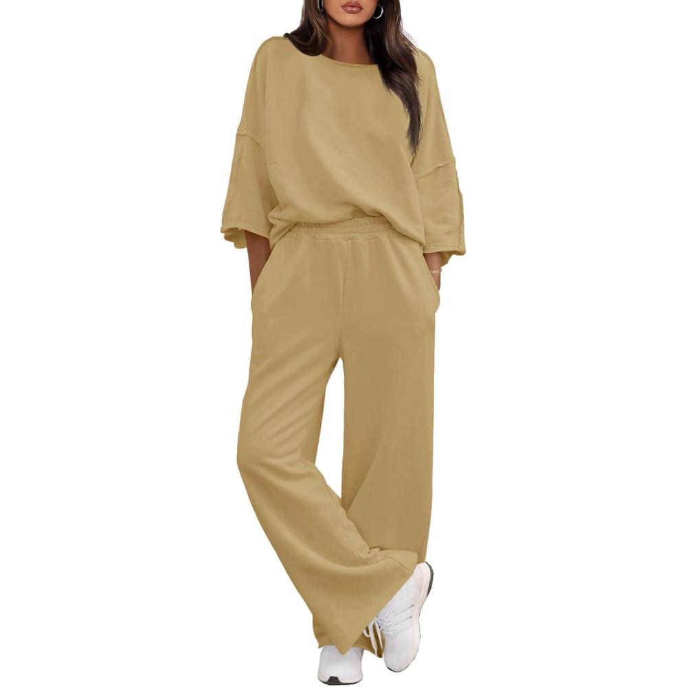image:imageFisoew Womens 2 Piece Lounge Sets Casual 34 Sleeve Tunic Tops Loose Wide Leg Pants Tracksuit Fall Travel OutfitsLight Brown