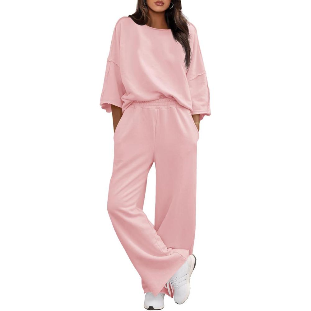 image:imageFisoew Womens 2 Piece Lounge Sets Casual 34 Sleeve Tunic Tops Loose Wide Leg Pants Tracksuit Fall Travel OutfitsPink