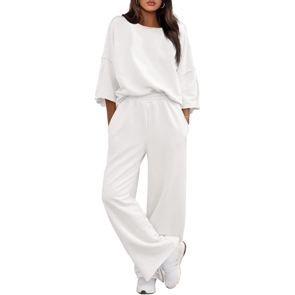 image:imageFisoew Womens 2 Piece Lounge Sets Casual 34 Sleeve Tunic Tops Loose Wide Leg Pants Tracksuit Fall Travel OutfitsWhite