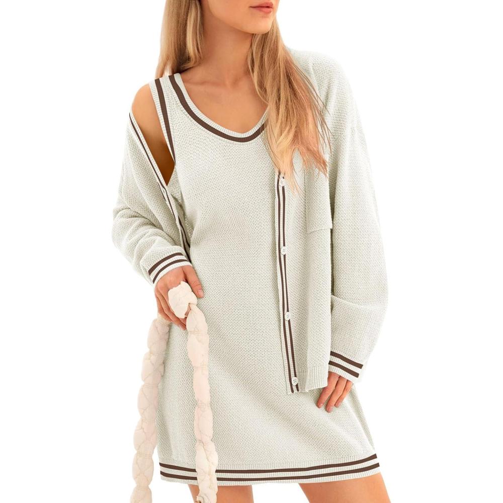image:imageFisoew Womens 2 Piece Outfits Casual Button Down Cardigan Sleeveless Loose Mini Dress Knit Sweater SetsBeige