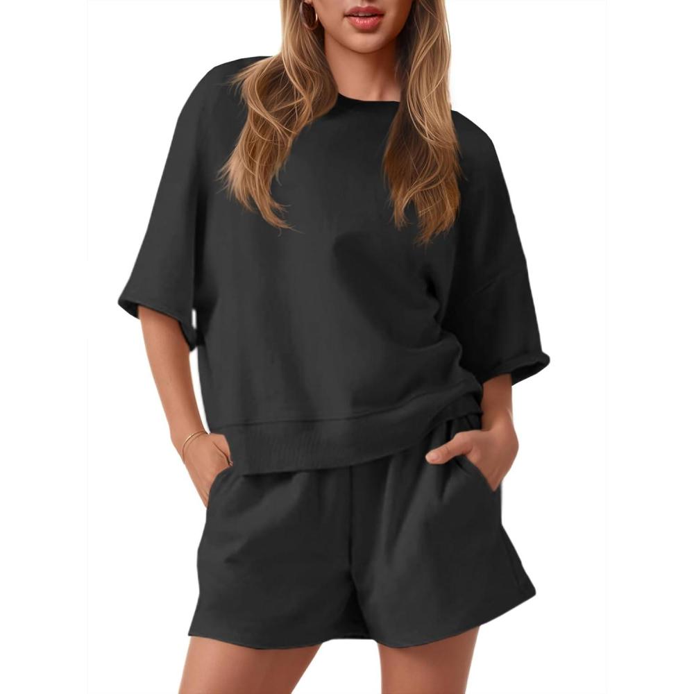 image:imageFisoew Womens 2 Piece Outfits Casual Oversized Cropped Sweatshirt and High Waist Running Shorts Tracksuit SetsBlack