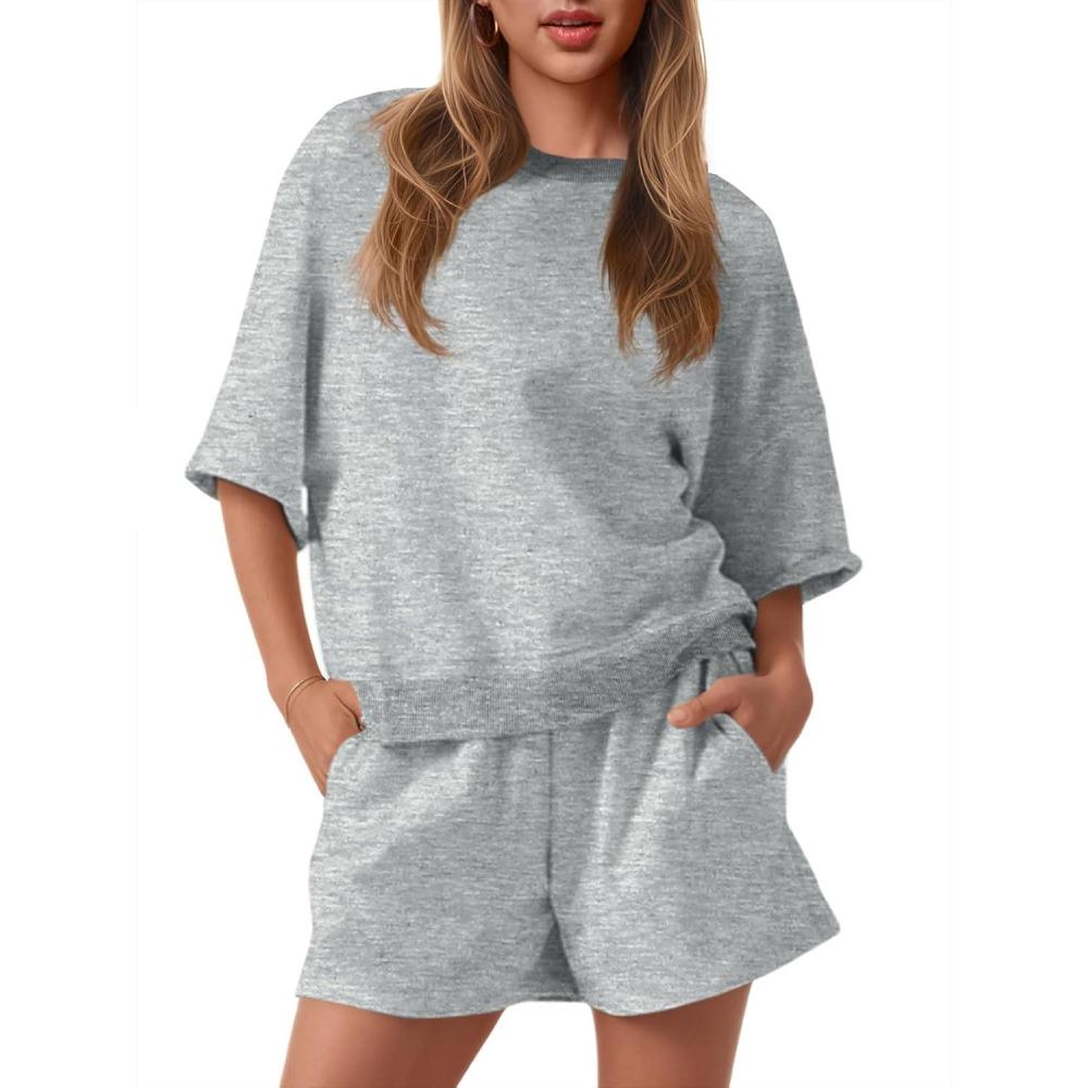 image:imageFisoew Womens 2 Piece Outfits Casual Oversized Cropped Sweatshirt and High Waist Running Shorts Tracksuit SetsLight Grey