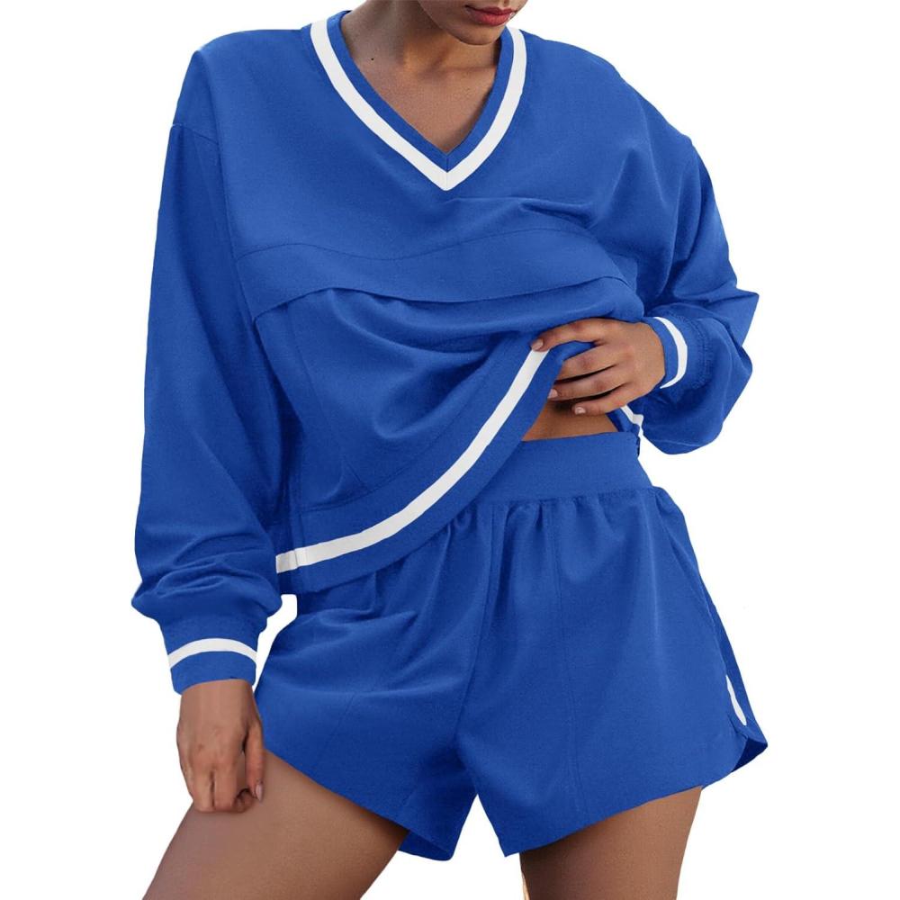 image:imageFisoew Womens 2 Piece Outfits Long Sleeve V Neck Sweatshirt High Waist Running Shorts Sets Loose Fall Workout TracksuitsBlue