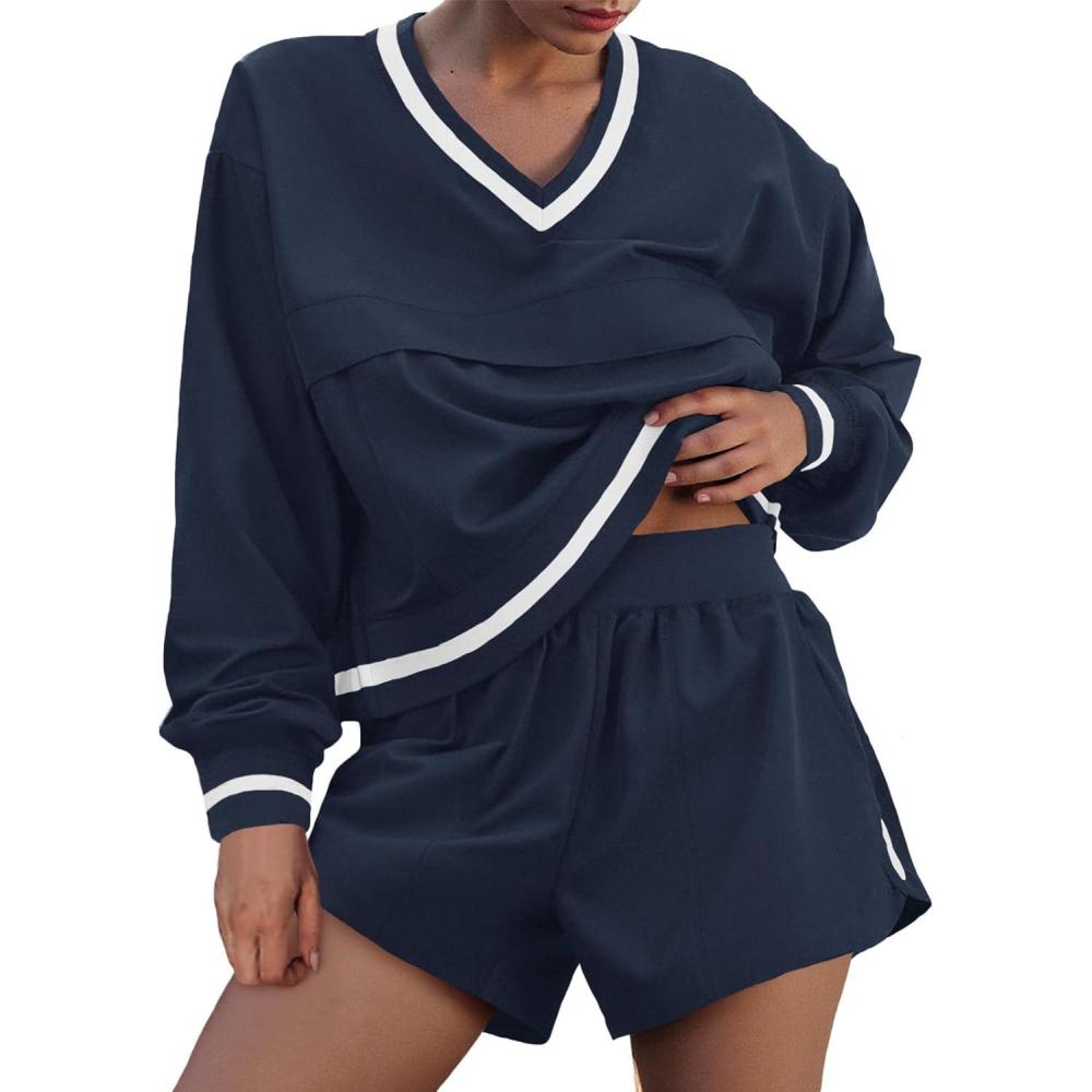 image:imageFisoew Womens 2 Piece Outfits Long Sleeve V Neck Sweatshirt High Waist Running Shorts Sets Loose Fall Workout TracksuitsNavy