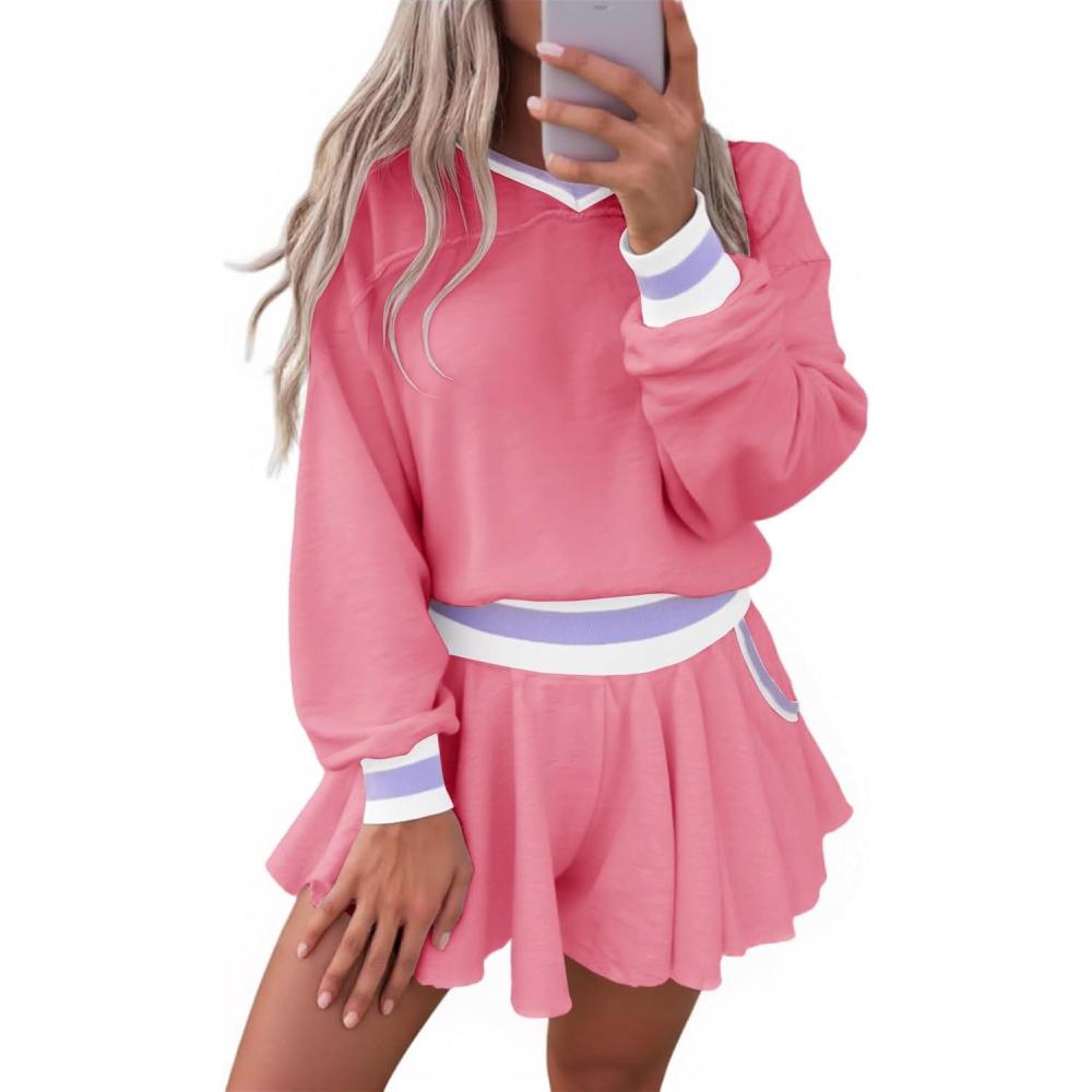 image:imageFisoew Womens 2 Piece Outfits Lounge Sets V Neck Long Sleeve Oversized Sweatshirts Loose Shorts Fall Casual SweatsuitPink