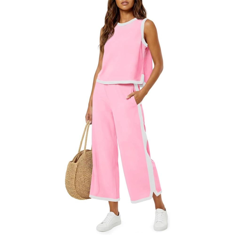 image:imageFisoew Womens 2 Piece Outfits Summer Sleeveless Wide Leg Capris Tracksuits Casual Cotrast Colors Lounge SetsPink