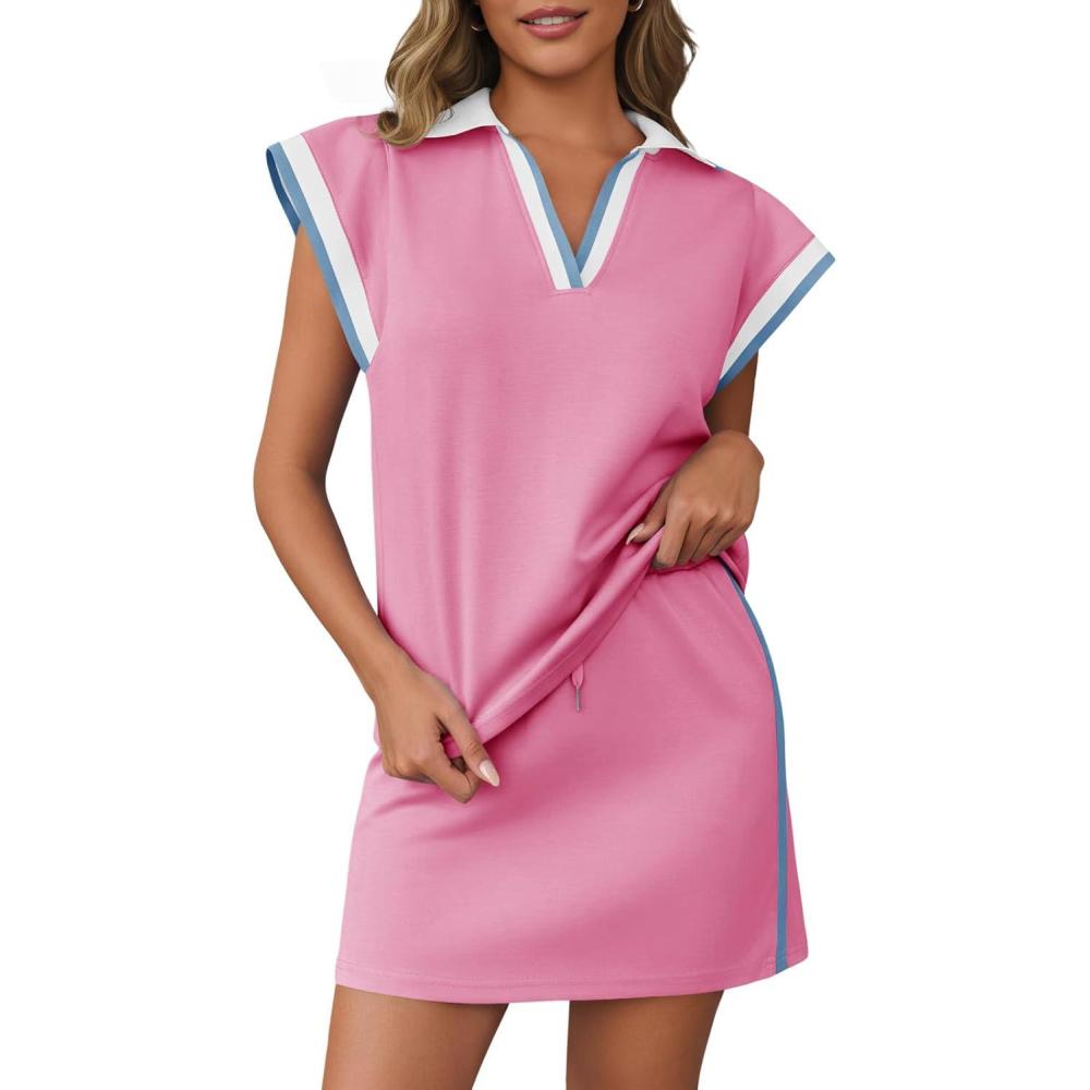 image:imageFisoew Womens 2 Piece Skirt Set Summer Cap Sleeve Tops Matching Tennis Skirts Casual Color Block Vacation Outfits Lounge SetsPink