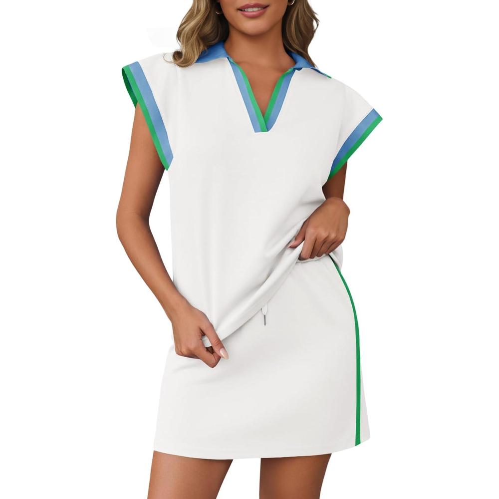 image:imageFisoew Womens 2 Piece Skirt Set Summer Cap Sleeve Tops Matching Tennis Skirts Casual Color Block Vacation Outfits Lounge SetsWhite