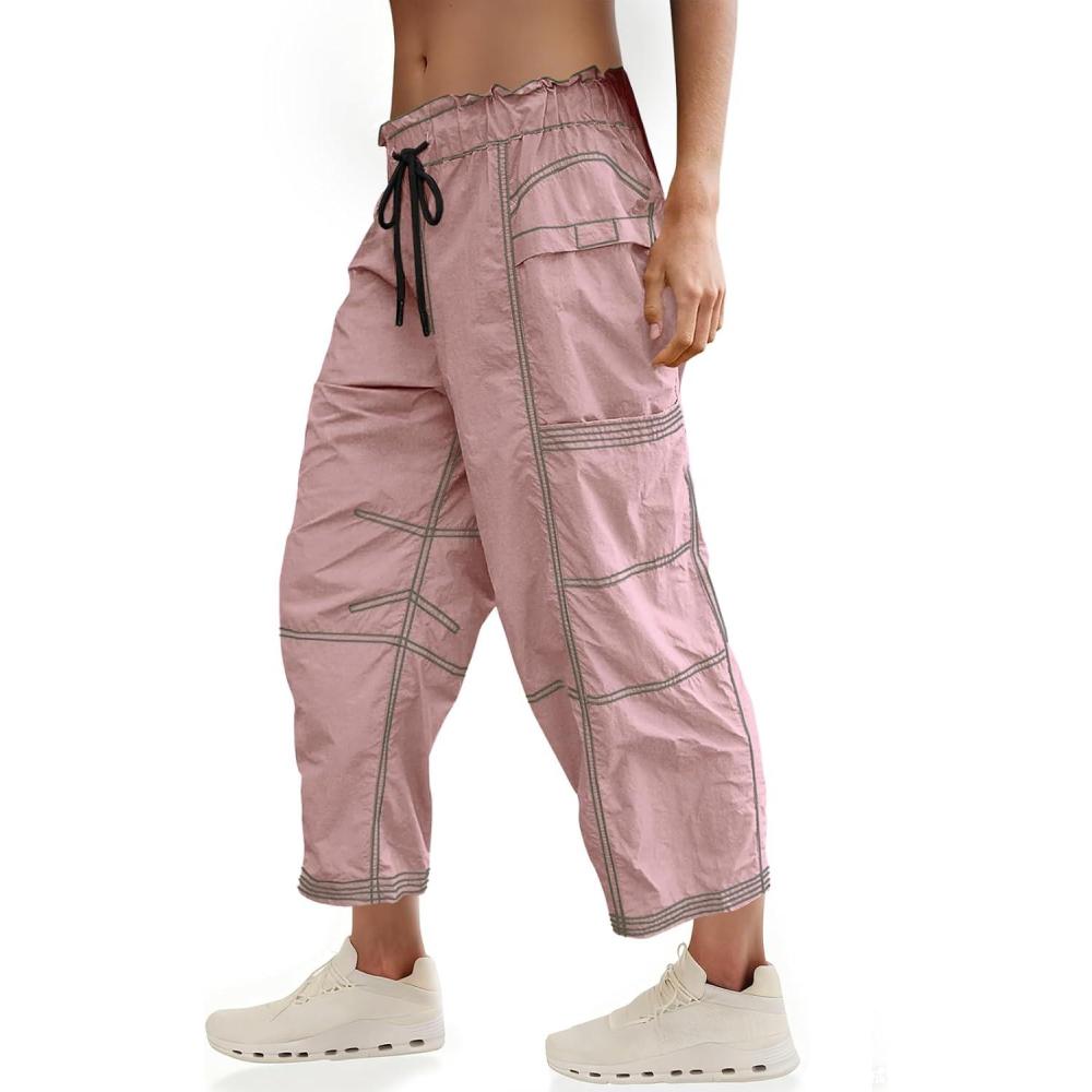 image:imageFisoew Womens Baggy Cargo Pants Drawstring Elastic Waist Track Pants Loose Trousers Barrel Sweatpants with Pockets Light Purple