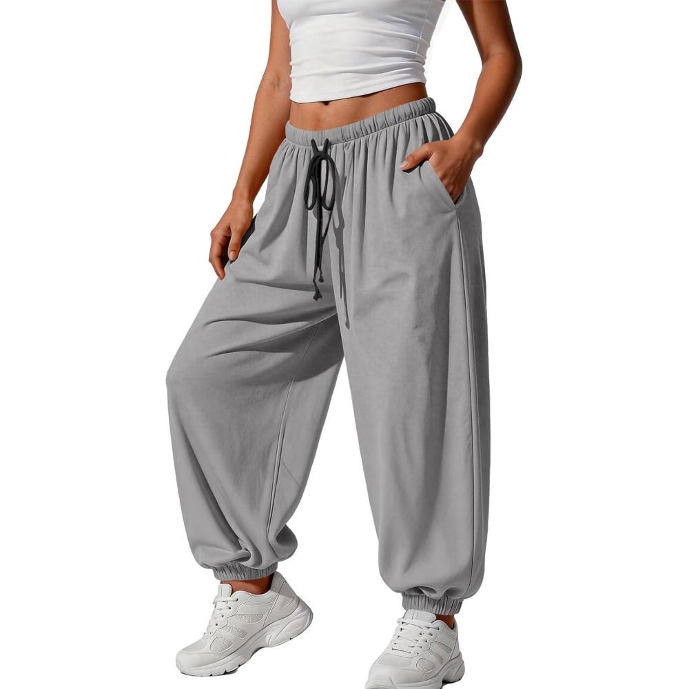 image:imageFisoew Womens Baggy Harem Pants Casual Barrel Elastic Waist Drawstring Pleated Loose Workout Track Pants with PocketsGrey