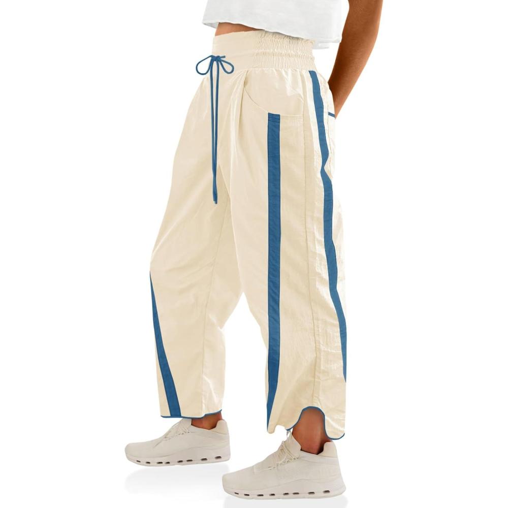 image:imageFisoew Womens Baggy Wide Leg Pants Casual Drawstring Elastic Waisted Contrast Color Workout Y2K Track PantsBeige