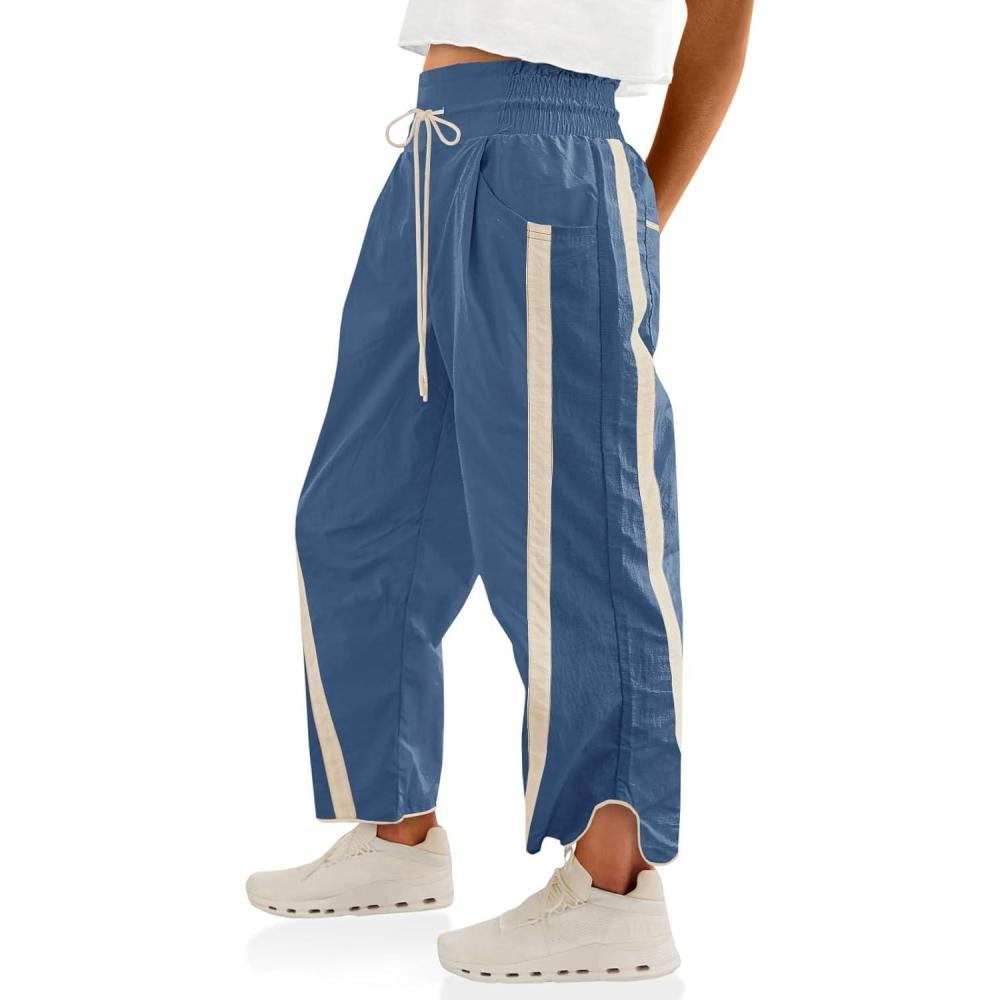image:imageFisoew Womens Baggy Wide Leg Pants Casual Drawstring Elastic Waisted Contrast Color Workout Y2K Track PantsBlue