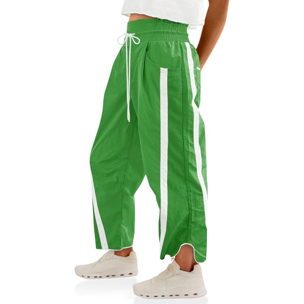 image:imageFisoew Womens Baggy Wide Leg Pants Casual Drawstring Elastic Waisted Contrast Color Workout Y2K Track PantsGreen