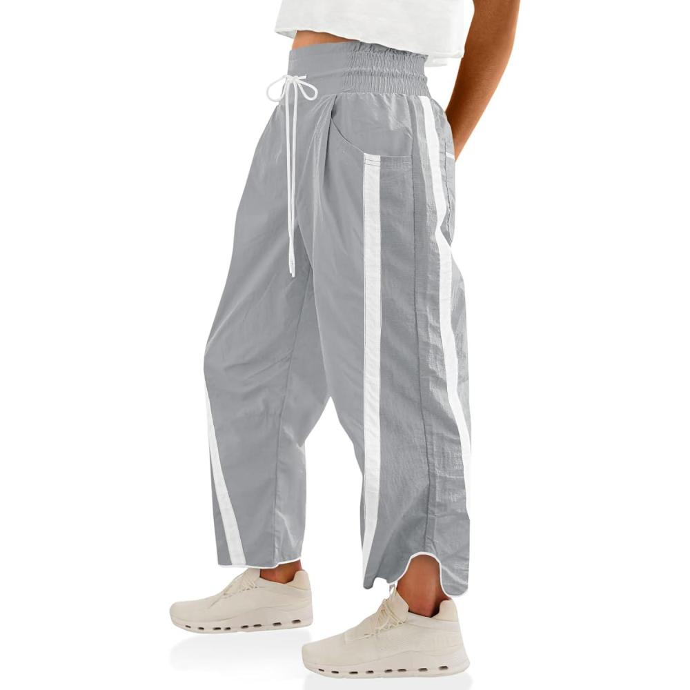 image:imageFisoew Womens Baggy Wide Leg Pants Casual Drawstring Elastic Waisted Contrast Color Workout Y2K Track PantsLight Grey