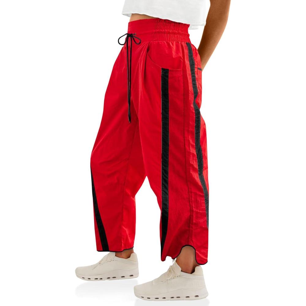 image:imageFisoew Womens Baggy Wide Leg Pants Casual Drawstring Elastic Waisted Contrast Color Workout Y2K Track PantsRed