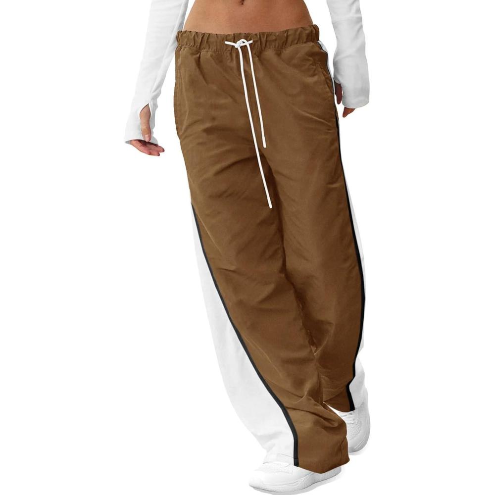 image:imageFisoew Womens Baggy Wide Leg Track Pants Casual Drawstring Elastic Waisted Color Block Workout Y2K Active PantsBrown