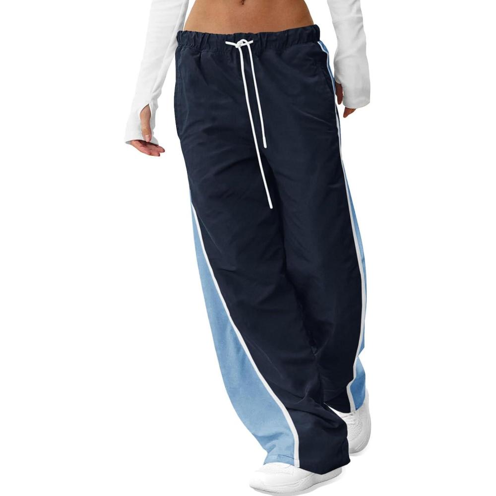 image:imageFisoew Womens Baggy Wide Leg Track Pants Casual Drawstring Elastic Waisted Color Block Workout Y2K Active PantsNavy