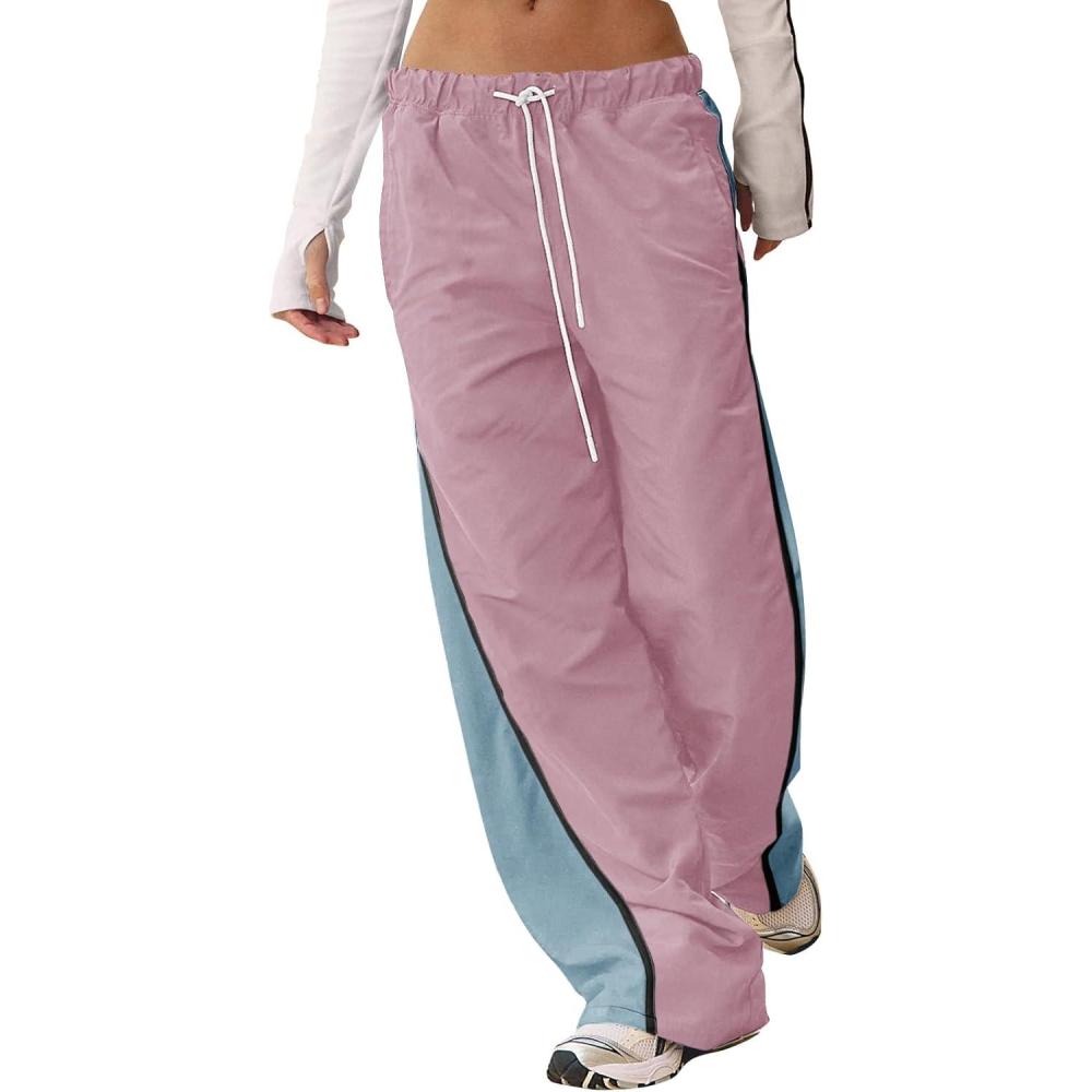image:imageFisoew Womens Baggy Wide Leg Track Pants Casual Drawstring Elastic Waisted Color Block Workout Y2K Active PantsPink
