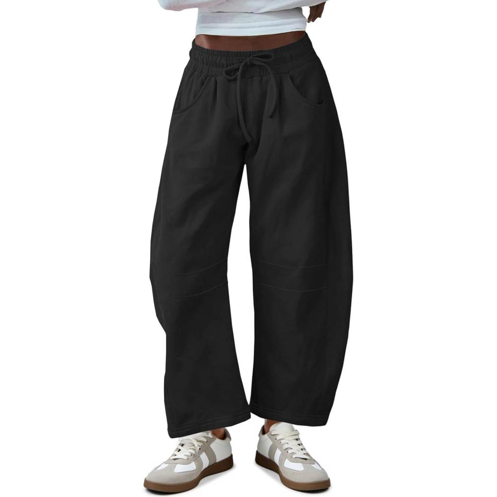 image:imageFisoew Womens Barrel Leg Sweatpant Drawstring Elastic Waisted Wide Leg Pants Casual Active Pants with PocketsBlack
