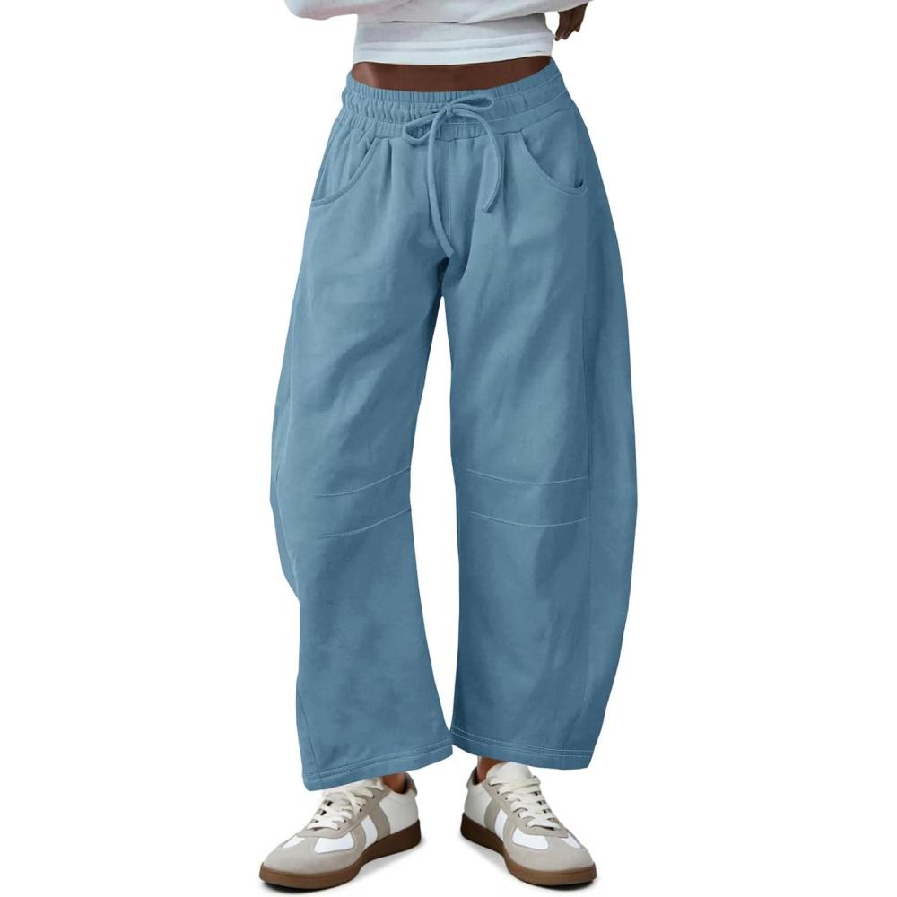 image:imageFisoew Womens Barrel Leg Sweatpant Drawstring Elastic Waisted Wide Leg Pants Casual Active Pants with PocketsBlue