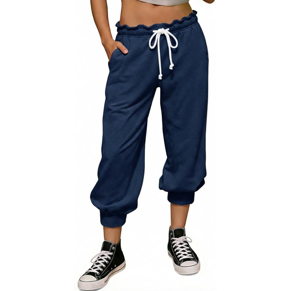image:imageFisoew Womens Capri Joggers 2026 Trendy Peplum Drawstring Waist Sweatpants with Pockets Navy