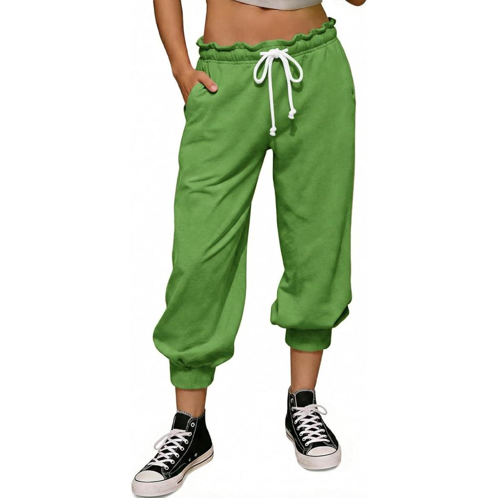 image:imageFisoew Womens Capri Joggers 2026 Trendy Peplum Drawstring Waist Sweatpants with PocketsGreen