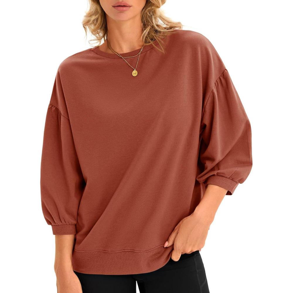 image:imageFisoew Womens Crewneck Sweatshirts Casual Puff Sleeve Loose Fit Shirts Fall Tops Brown