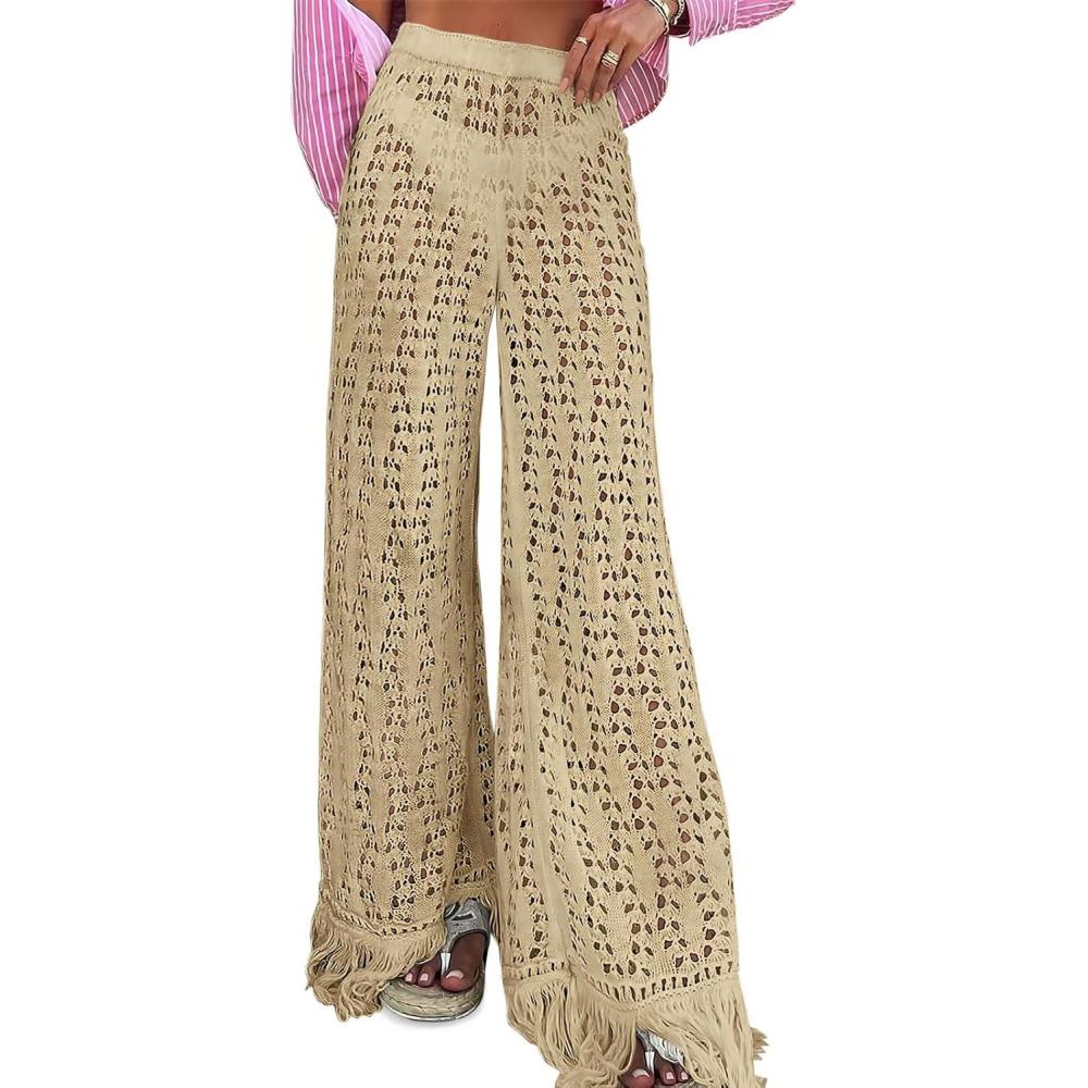 image:imageFisoew Womens Crochet Cover Up Pants Casual Wide Leg High Waisted Hollow Out Tassel Summer Beach Mesh Bathing Suit PantsKhaki