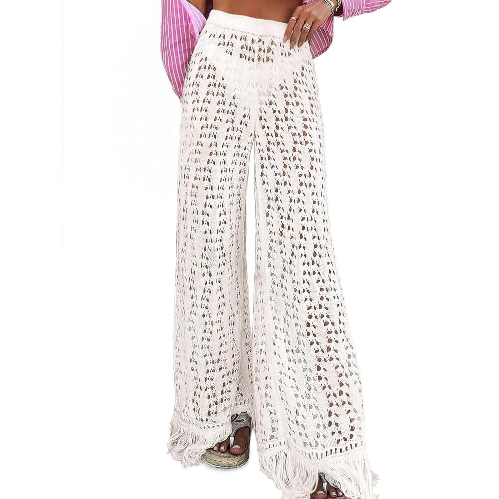 image:imageFisoew Womens Crochet Cover Up Pants Casual Wide Leg High Waisted Hollow Out Tassel Summer Beach Mesh Bathing Suit PantsWhite