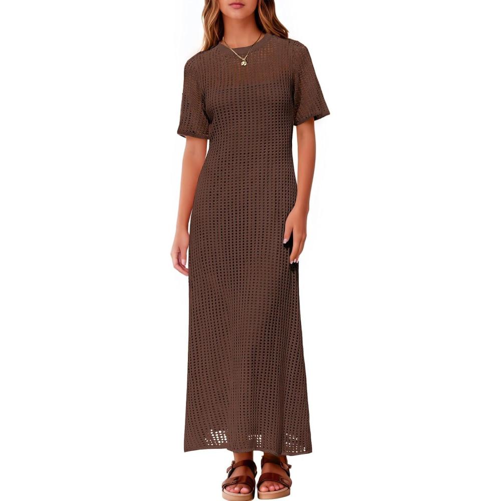 image:imageFisoew Womens Crochet Swimsuit Cover Up Summer Vacation Resort Bathing Suit Swimwear Casual Short Sleeve Maxi Beach DressesCoffee