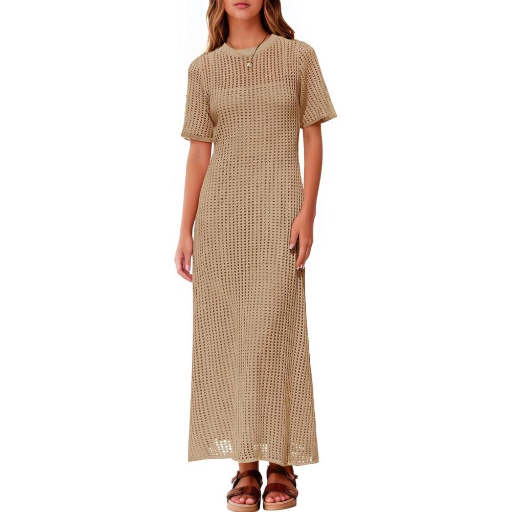 image:imageFisoew Womens Crochet Swimsuit Cover Up Summer Vacation Resort Bathing Suit Swimwear Casual Short Sleeve Maxi Beach DressesDark Khaki