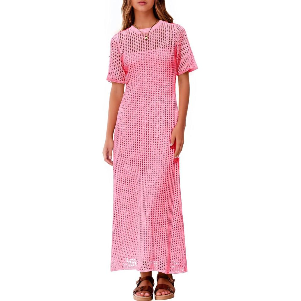 image:imageFisoew Womens Crochet Swimsuit Cover Up Summer Vacation Resort Bathing Suit Swimwear Casual Short Sleeve Maxi Beach DressesPink