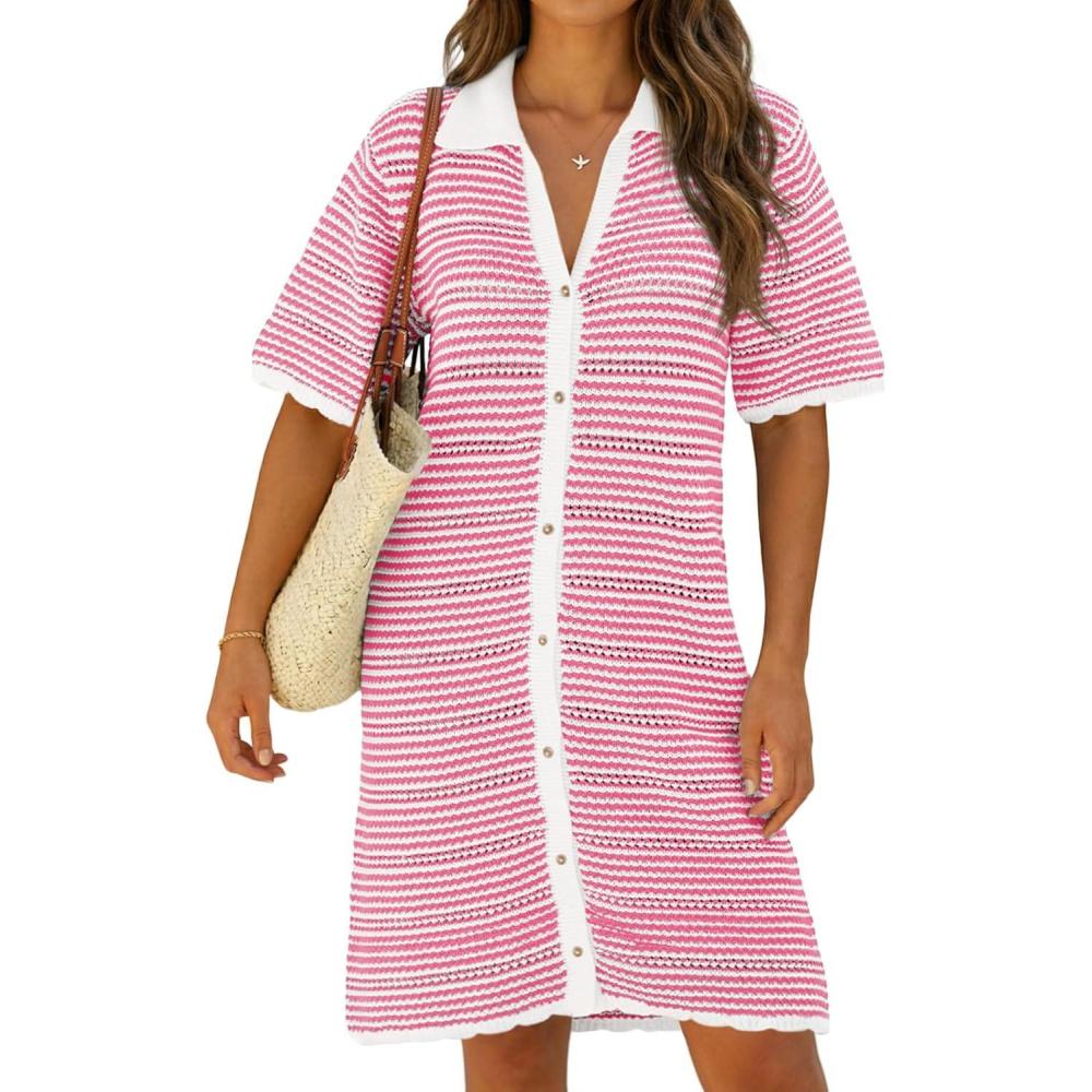 image:imageFisoew Womens Crochet Swimsuit Coverup Summer Beach Bathing Suit Hollow Out Button Down Short Sleeve Striped Mini DressPink